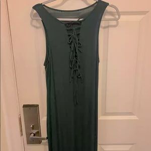 Dark green maxi dress with lace up neckline